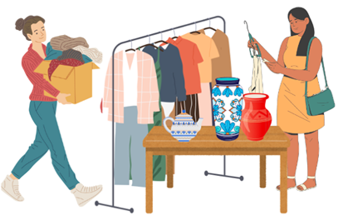 Graphic image of clothes hanging on a rail and objects on a table with two people nearby