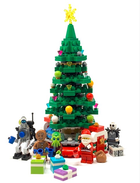 A Christmas tree constructed of Lego with Christmas themed figures