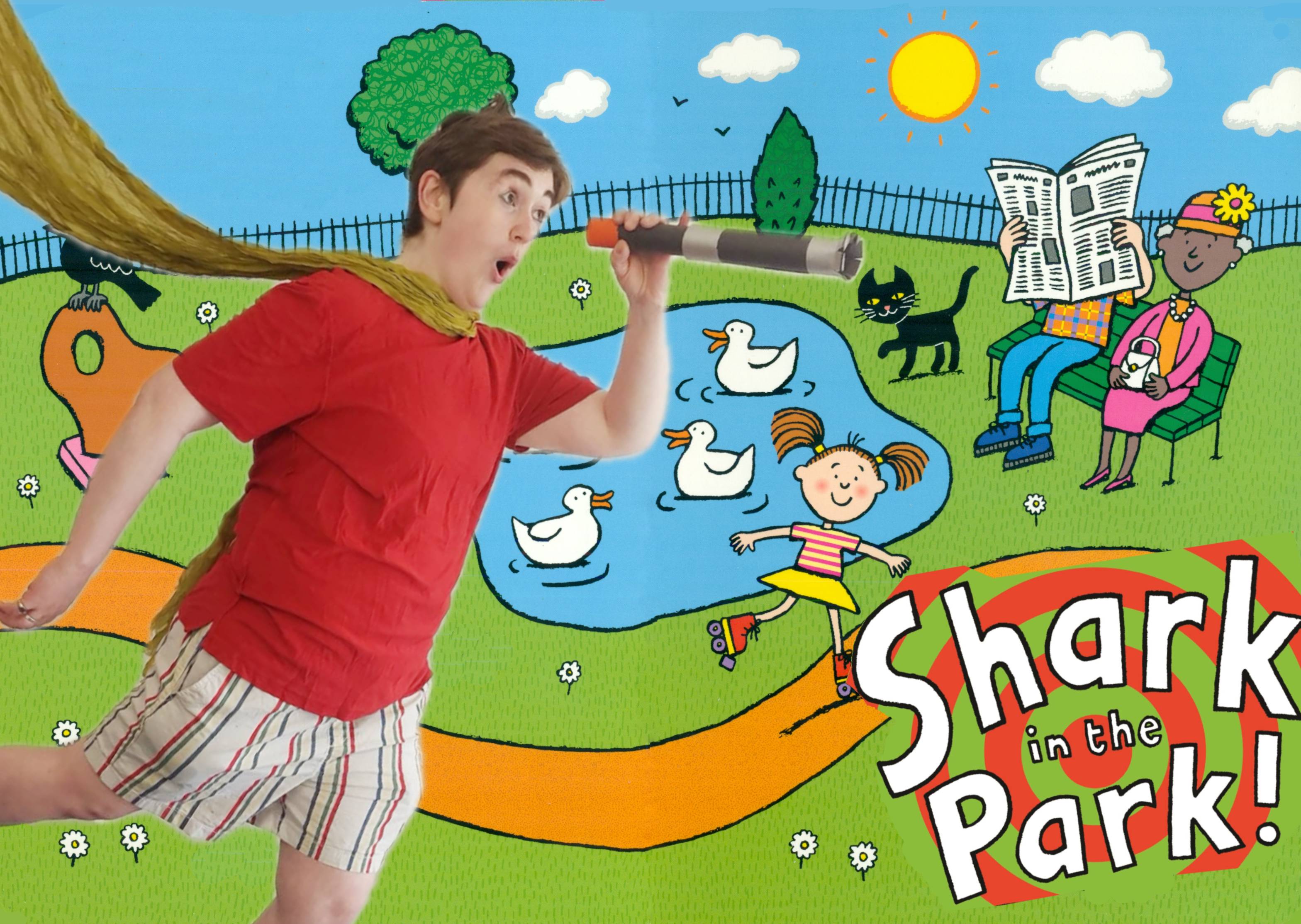 Real person superimposed onto an illustration of Shark In The Park graphics