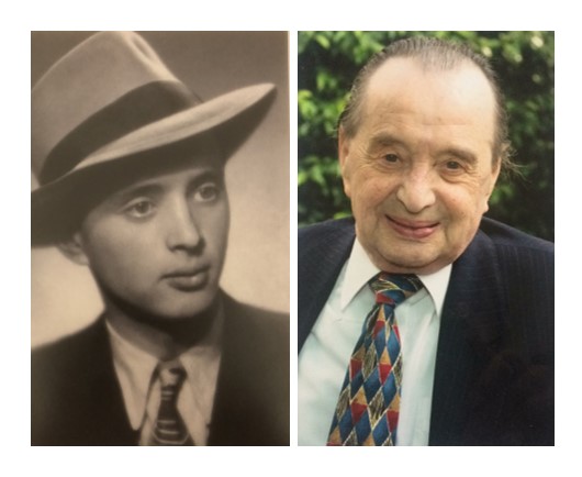 Two photo portraits of male figures, one an older sepia image and the other a modern colour one.