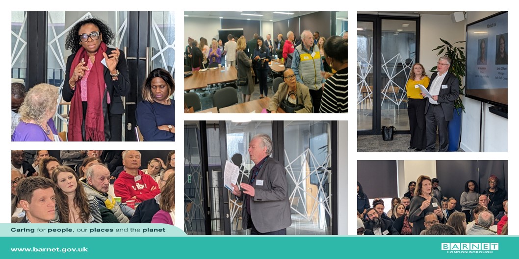 Image collage showing people at a networking event