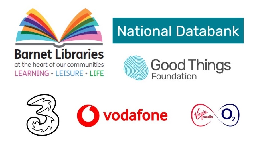 Logos for Barnet Libraries, O2/Virgin Media, Vodaphone, Three, and Good Things 