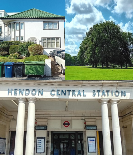 Images of Hendon; a 1930s house, tree in park and exterior of tube station