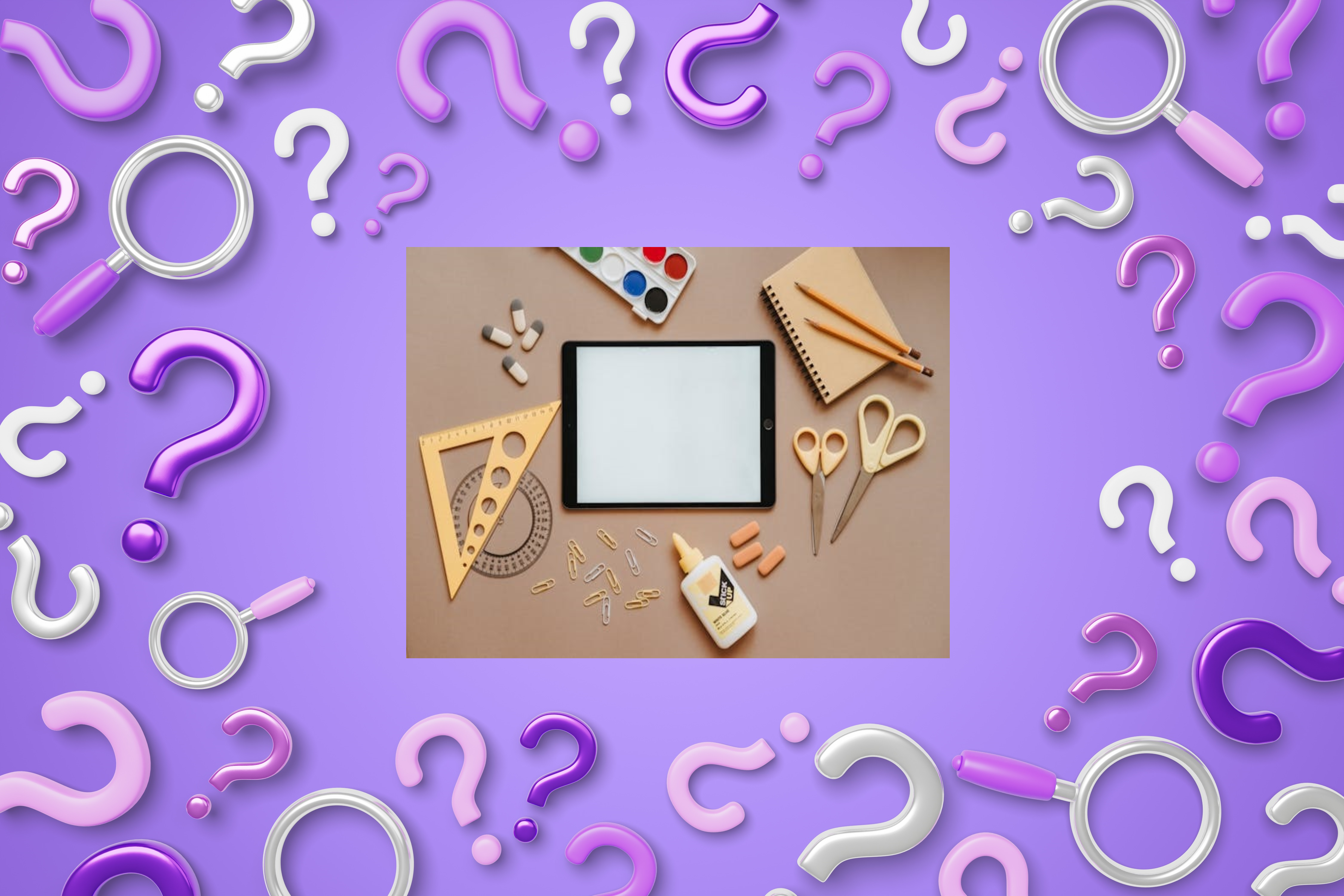 Selection of items used for craft activities surrounded by a boarder of question mark images