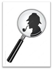 Image of a magnifying glass containing the silhouette of a figure wearing a deerstalker hat and with a pipe in their mouth