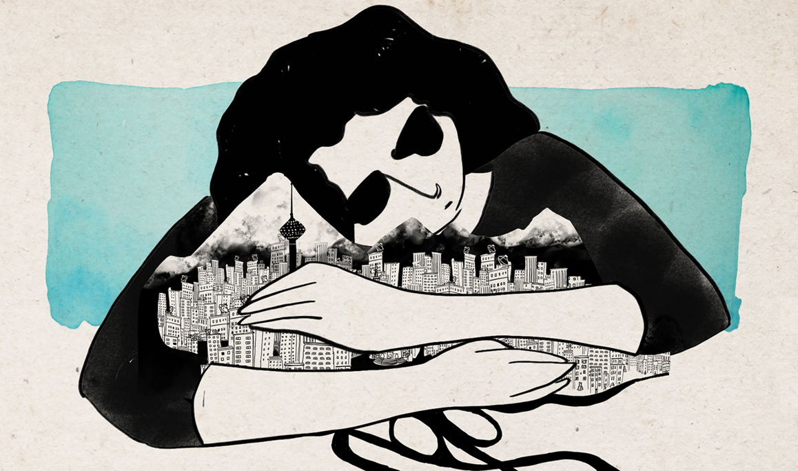 Artwork of figure with arms wrapped around an urban area