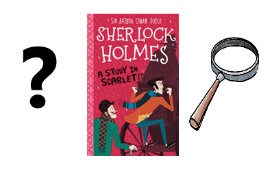 Question mark and magnifying glass icons alongside a Sherlock Holmes book cover