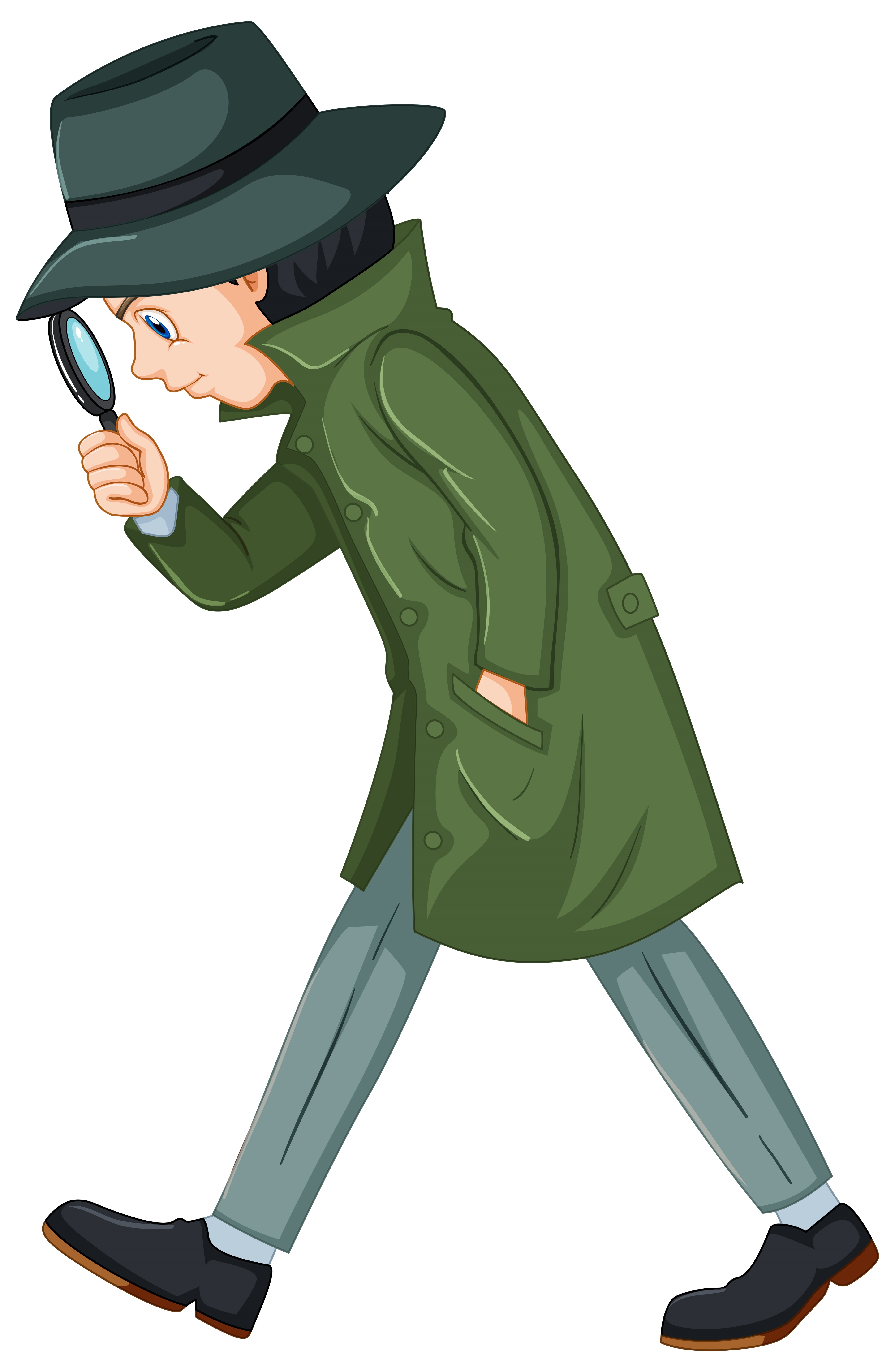 Cartoon figure in a hat and long coat peering through a magnifying glass