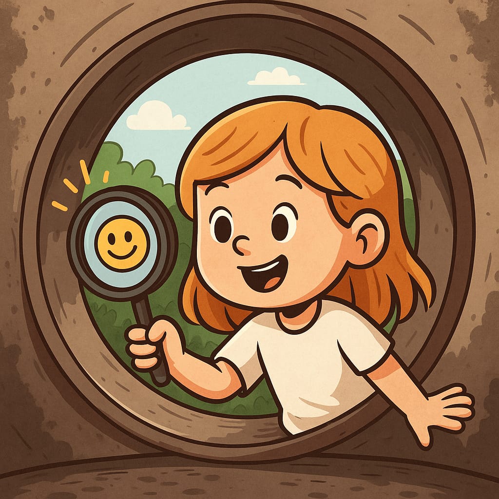A child smiling and looking through a spyglass with a smiley face in it