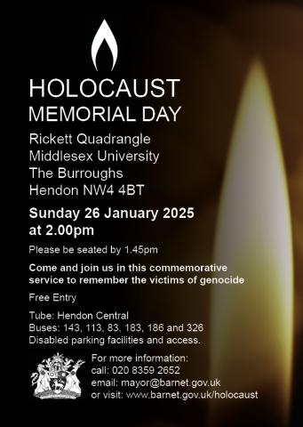 Leaflet for 2025 Holocaust Memorial Day commemorative service.