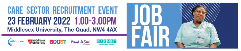 Care sector recruitment event on 23 February from 1pm to 3pm at Middlesex University, The Quad, NW4 4AX