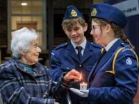 JLGB young leaders Becca Silverstone and Sam Rose-Isaacs and Holocaust survivor Vera Schaufeld MBE lit the memorial candle at this years service.