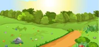 Colourful cartoon image of a path through countryside