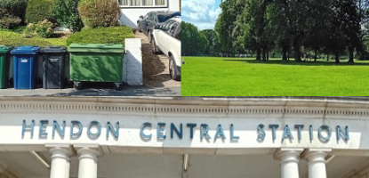 Images of Hendon; a 1930s house, tree in park and exterior of tube station